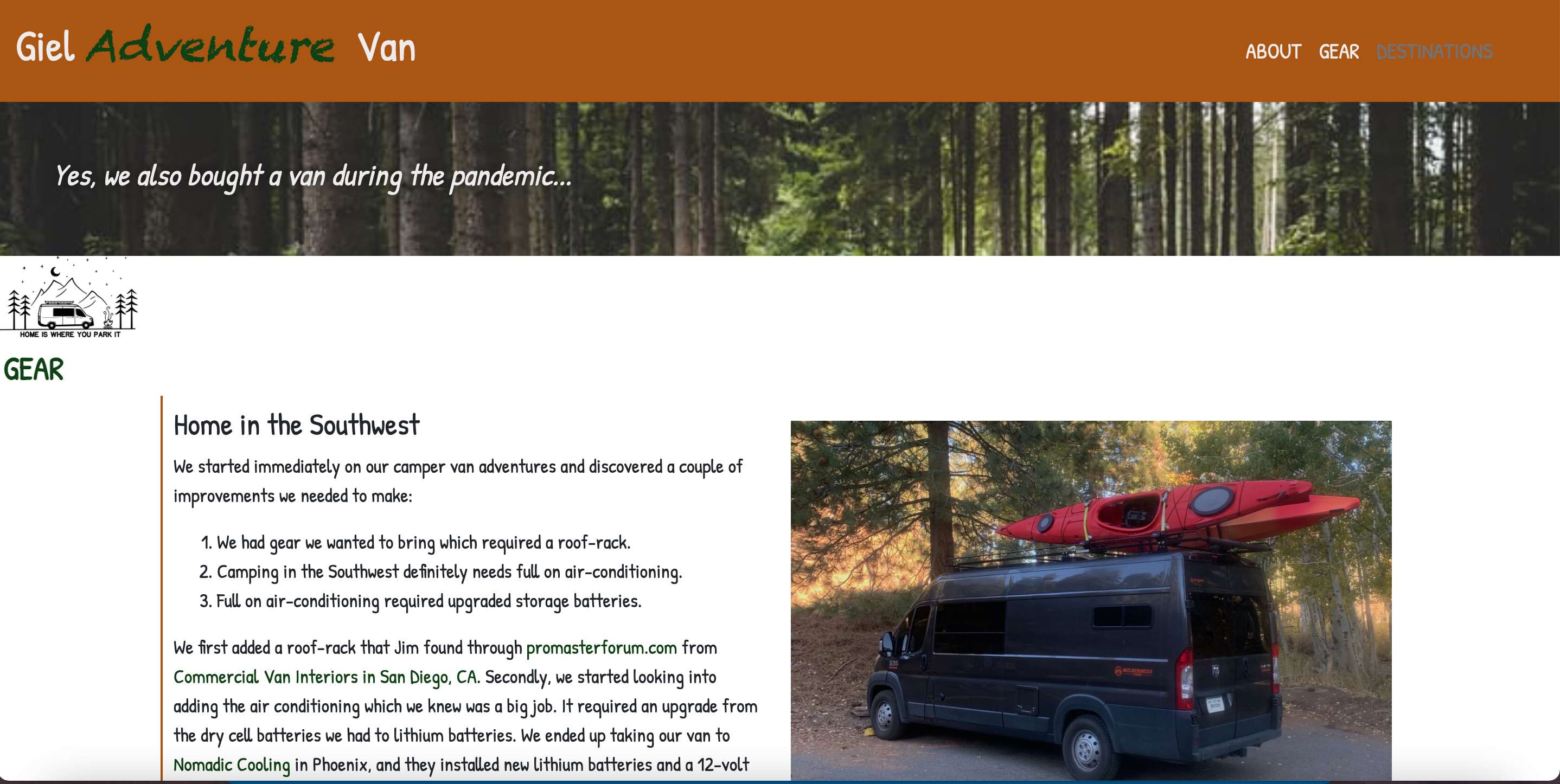screenshot of Camper Van website including brown camper van with orange kayaks on top
