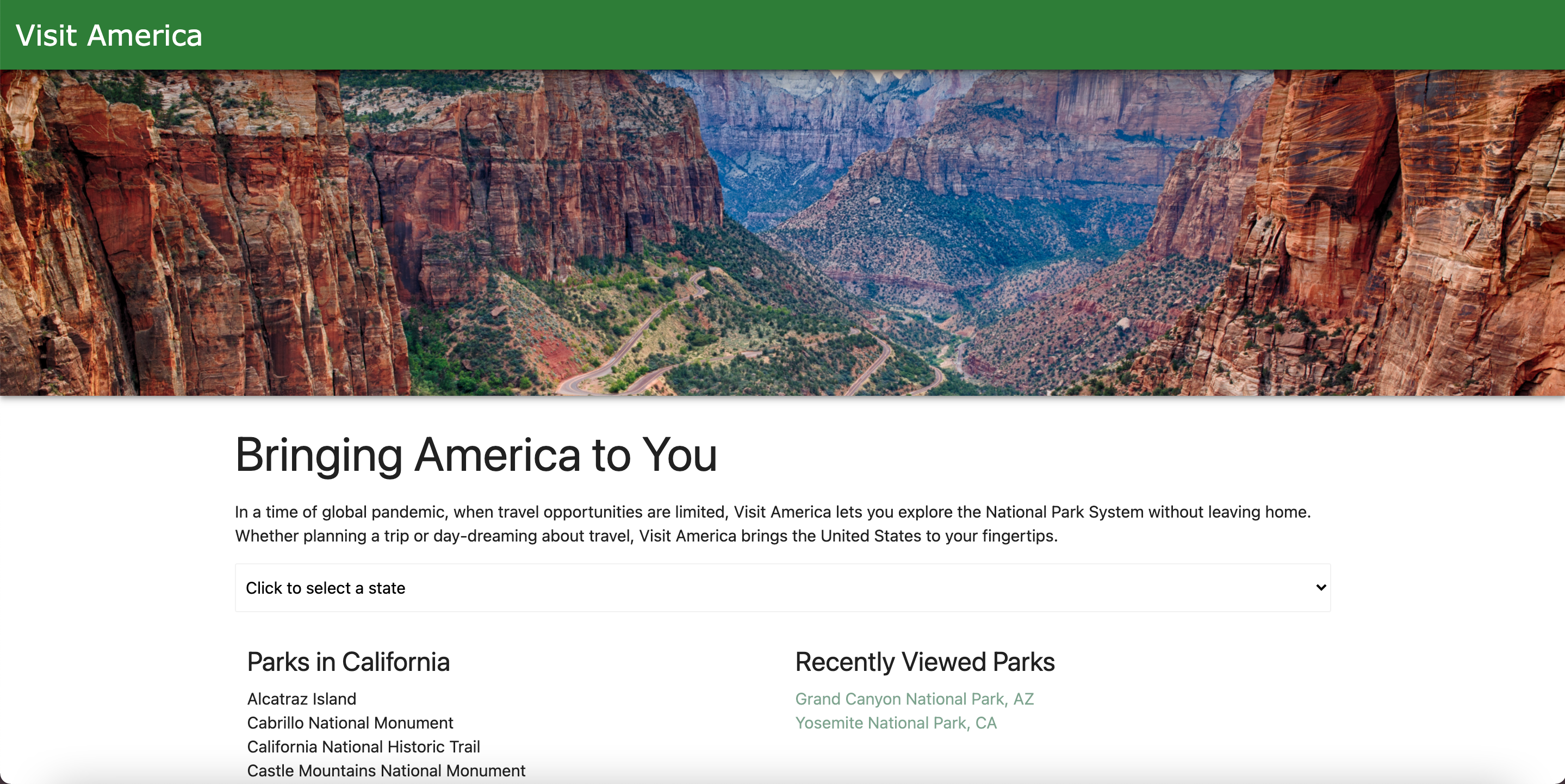 screenshot Visit America home page with search bar and banner image of Grand Canyon