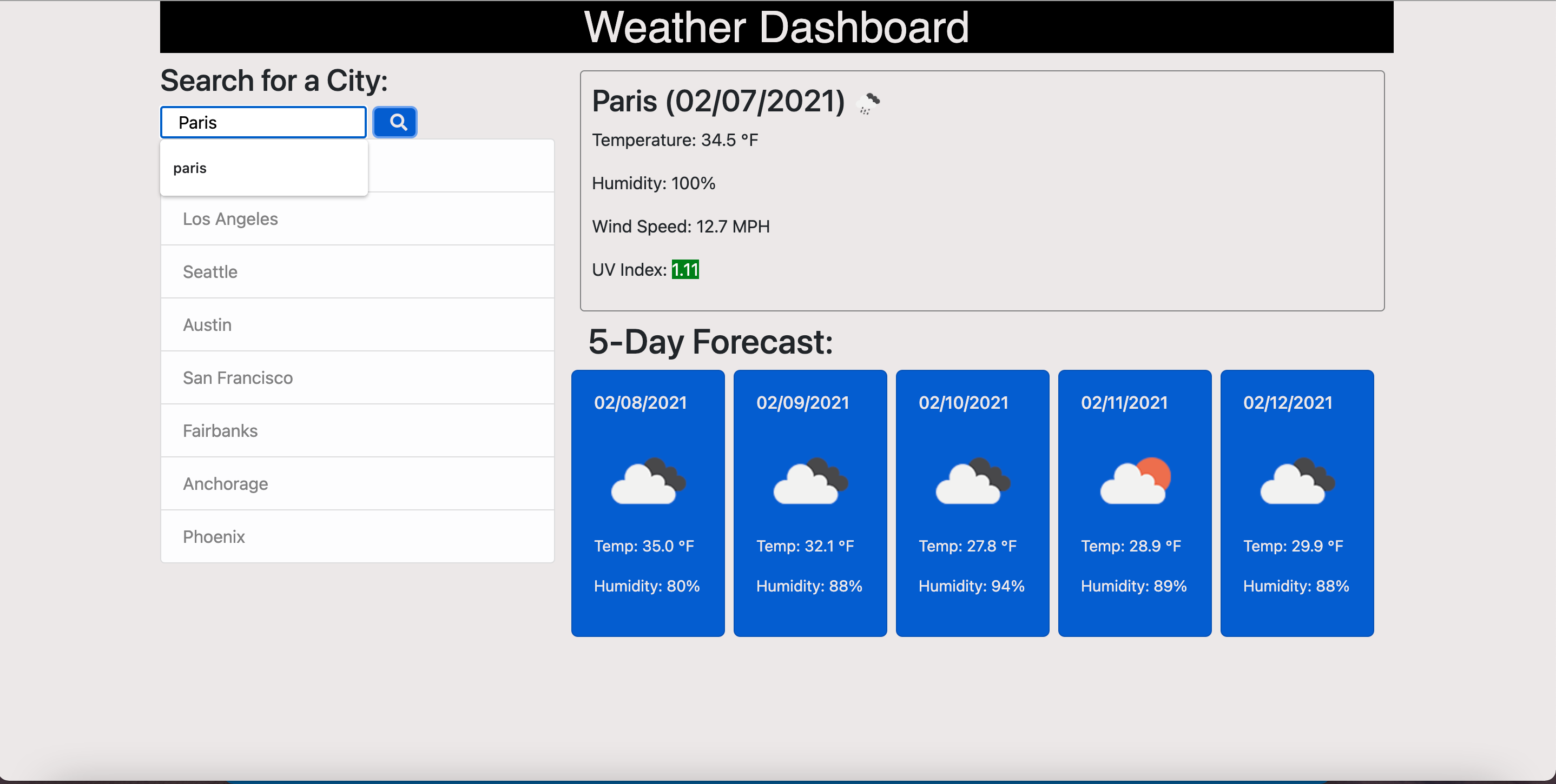 screenshot of Weather Dashboard home page with search bar for Paris filled out, current weather and 5-day forecast