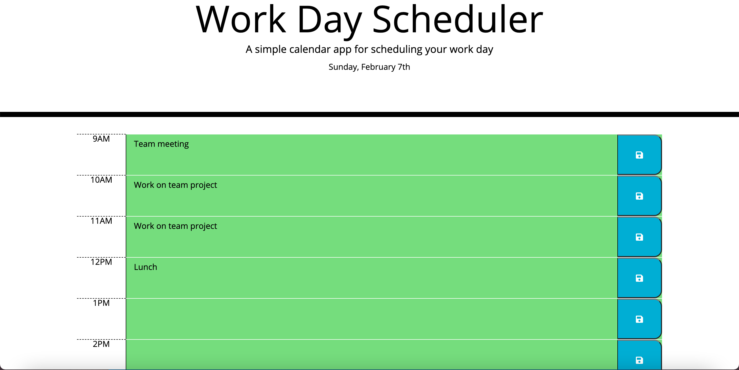 screenshot Workday Scheduler home page with list of workday events filled out
